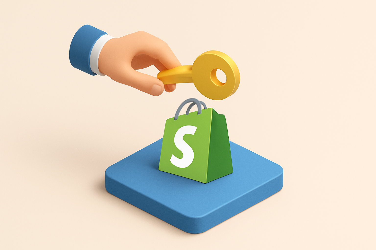 3D isometric illustration of a key being provided for Shopify on a blue platform Clean modern vector style minimal shadows soft beige background smooth gradients professional tech aesthetic-1