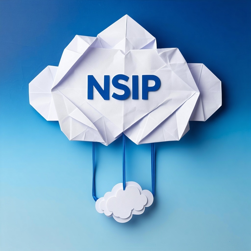 Show me a picture of a cloud with the letters NSIP on it It should be metaphorically connected to endpoints all over the world